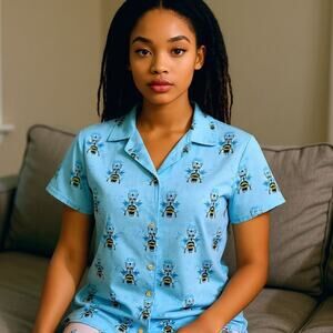 The Cat's Pajamas Queen Bee Luxe Cotton Top XL Light Blue Pj Shirt Button Shirt